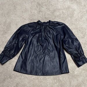 Navy Puff-Sleeve Faux Leather Women's Top